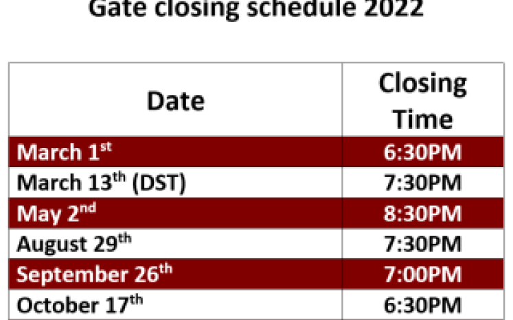 Closing times for Sleeter Lake Park